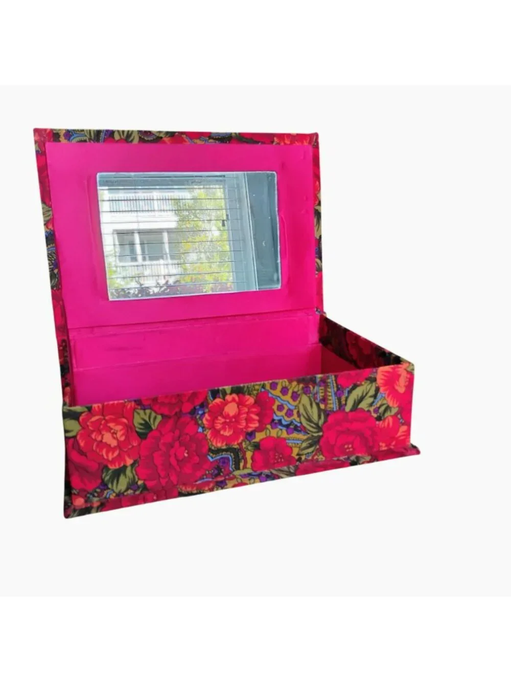 Vintage Floral Fabric-Covered Jewelry Box With Mirror & Compartments 11.5